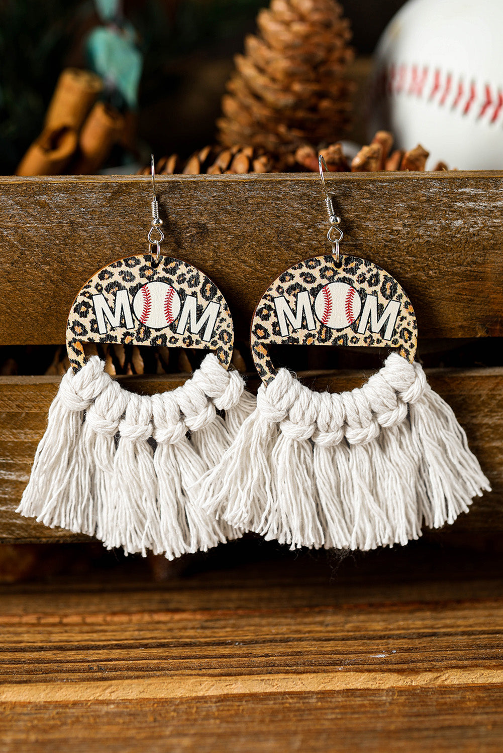 White or Chestnut Leopard Rugby MOM Print Fringed Hook Earrings