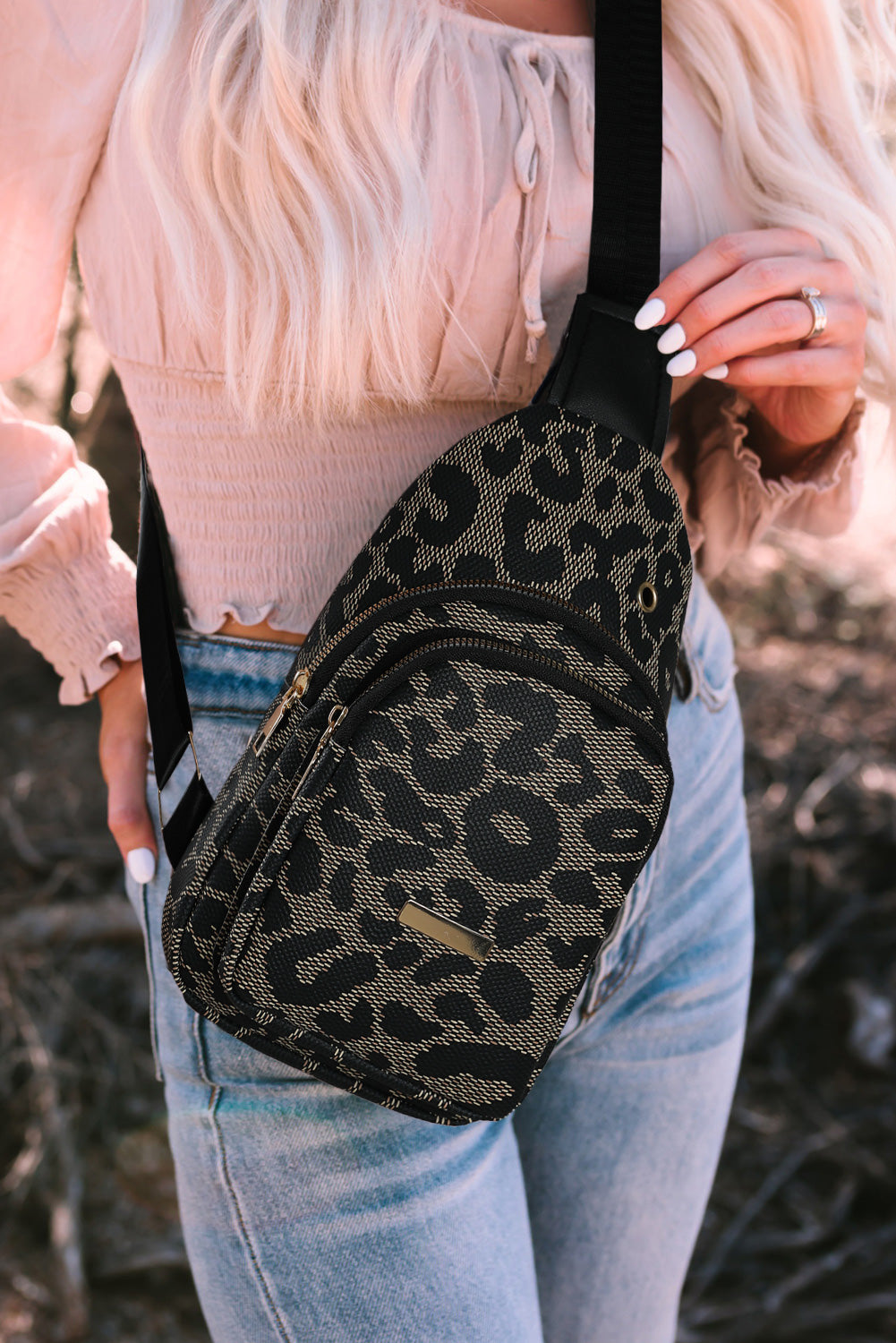 Leopard Printed Leather Zippered Fanny Pack Sling Bag