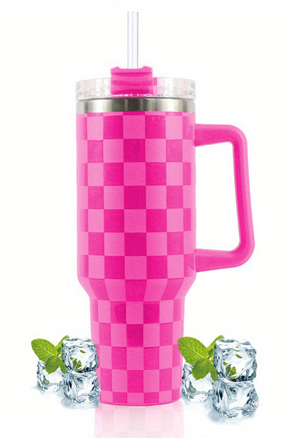 Pink  or Black Checkered Print Handled Stainless Steel Tumbler Cup