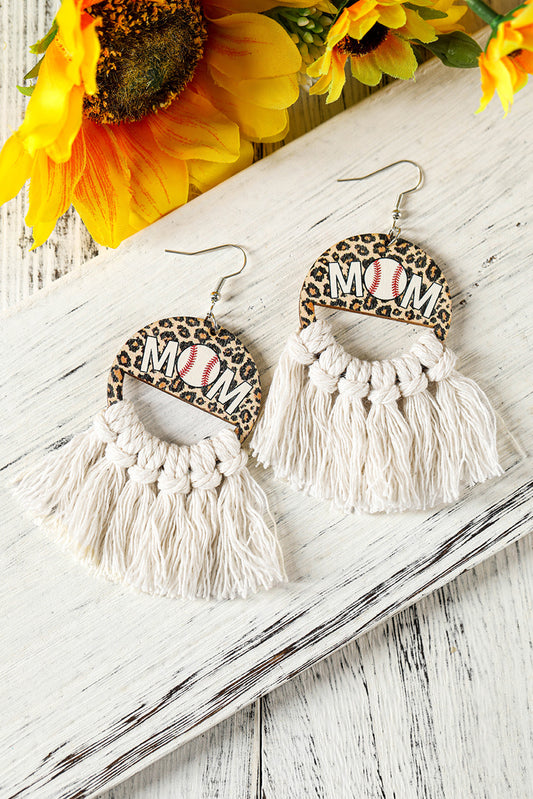 White or Chestnut Leopard Rugby MOM Print Fringed Hook Earrings