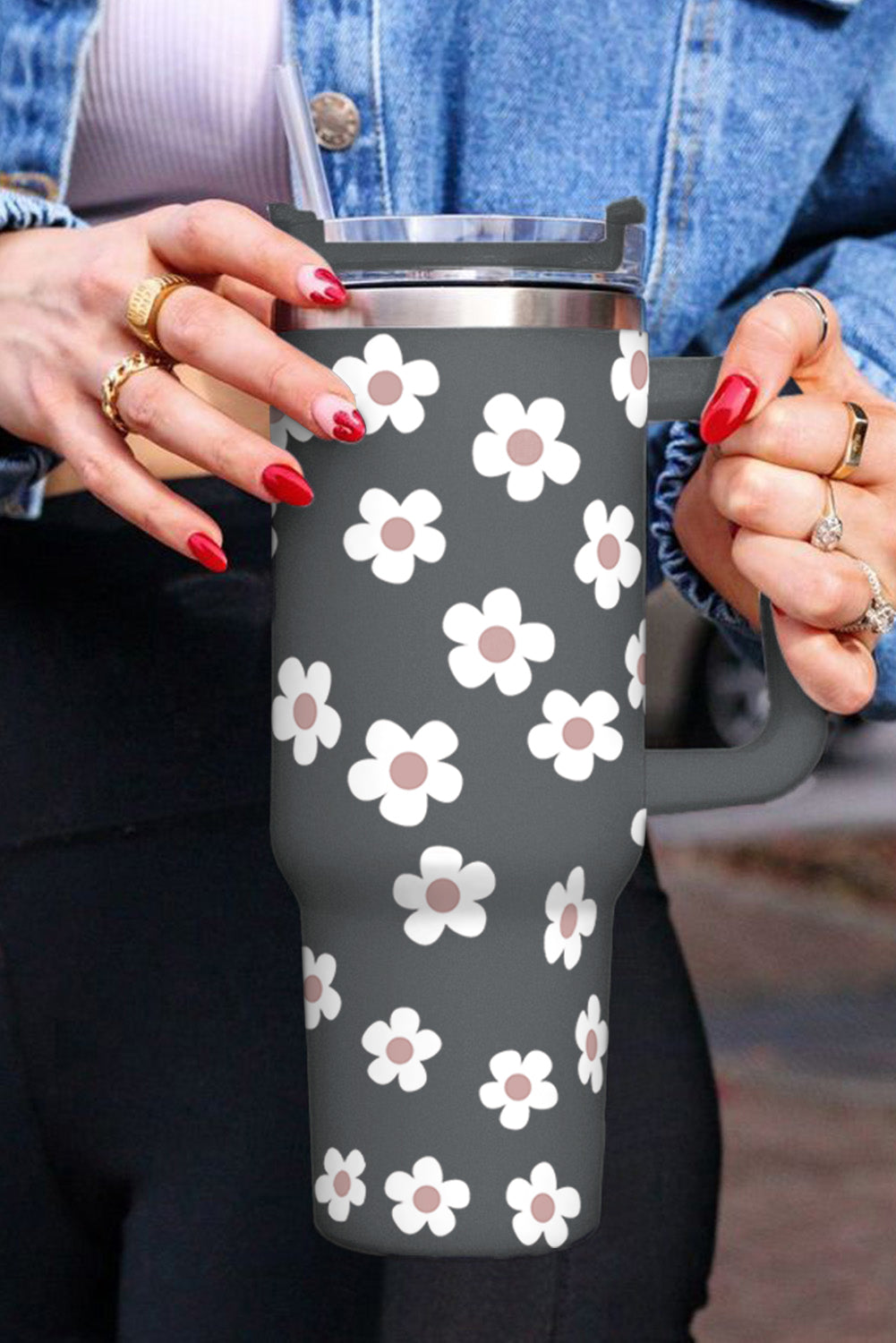 Dark Grey 60s Floral Print Stainless Tumbler With Lid And Straw