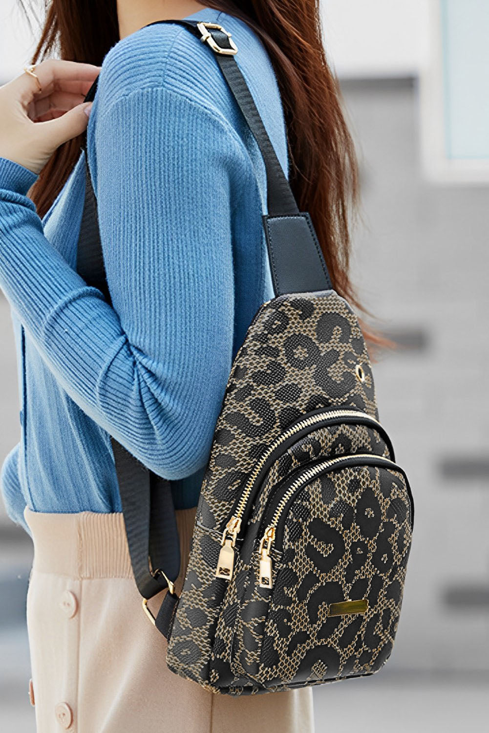 Leopard Printed Leather Zippered Fanny Pack Sling Bag