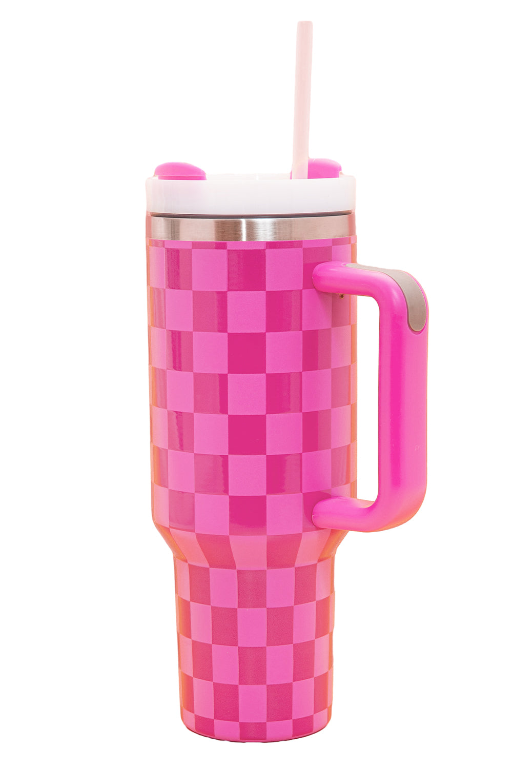 Pink  or Black Checkered Print Handled Stainless Steel Tumbler Cup