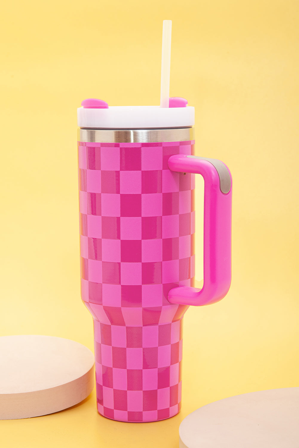 Pink  or Black Checkered Print Handled Stainless Steel Tumbler Cup