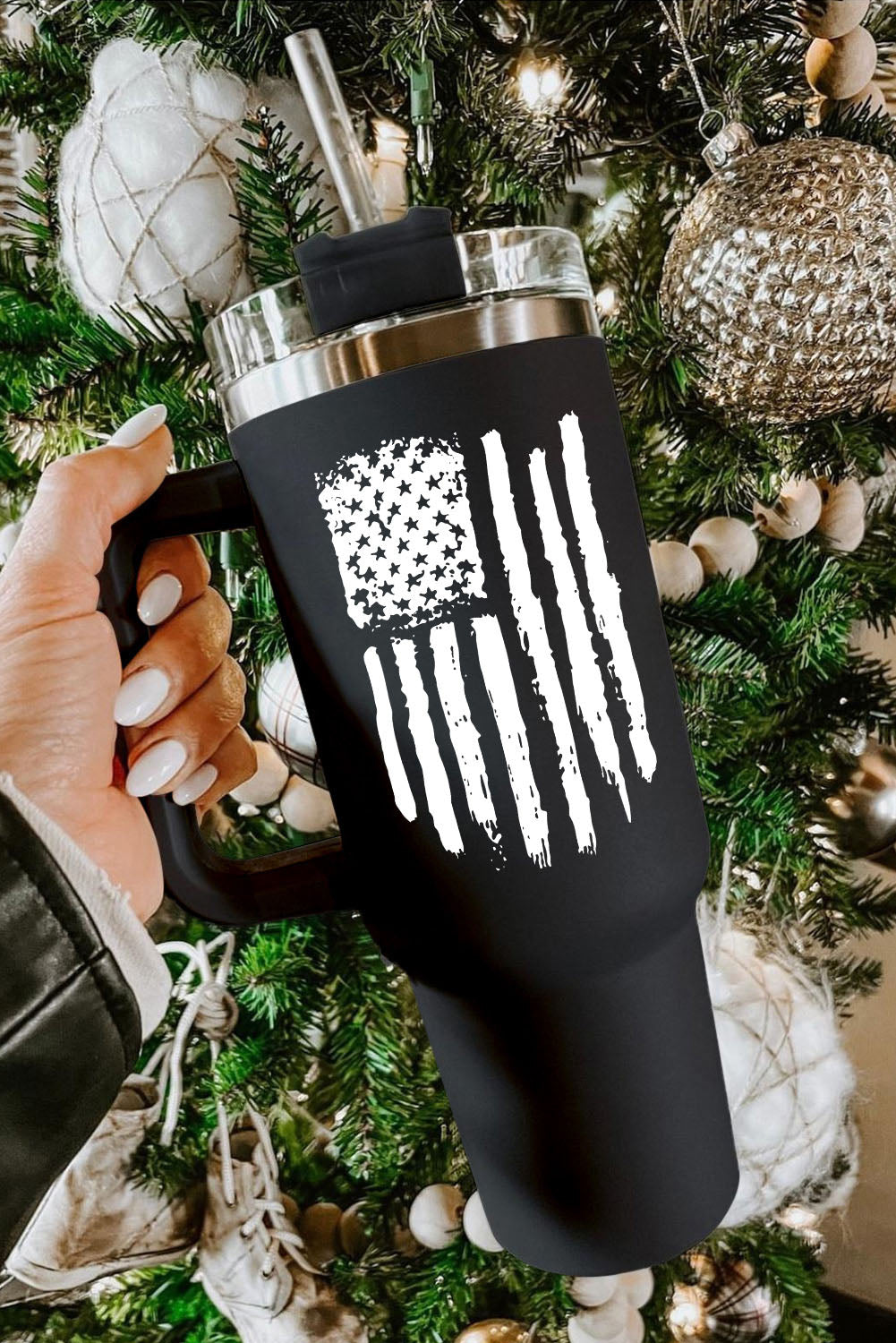 Black 40oz American Flag Print Stainless Steel Tumbler Mug with Handle