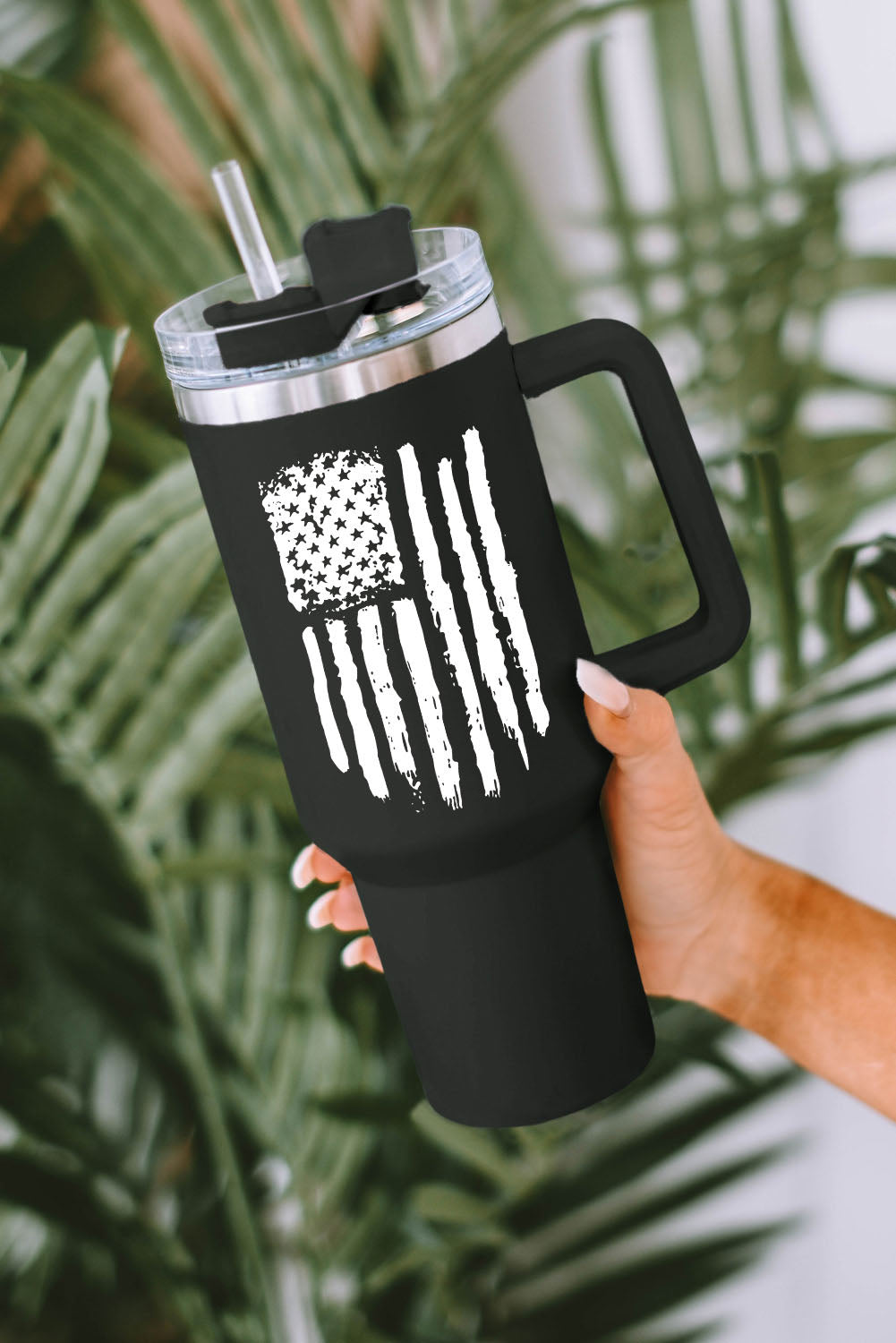 Black 40oz American Flag Print Stainless Steel Tumbler Mug with Handle