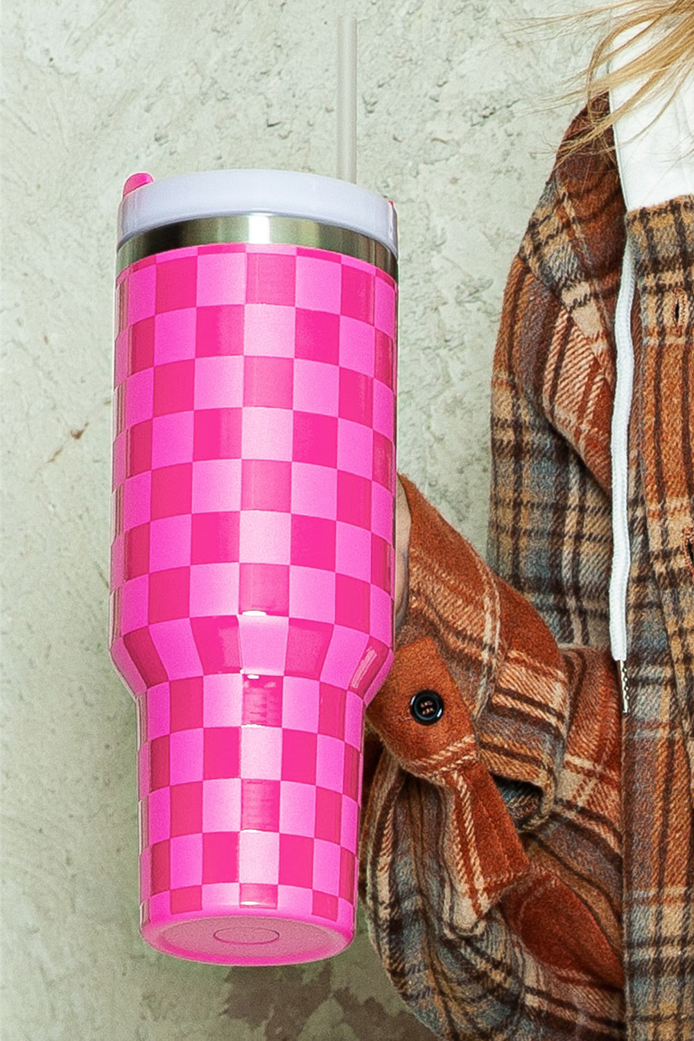 Pink  or Black Checkered Print Handled Stainless Steel Tumbler Cup