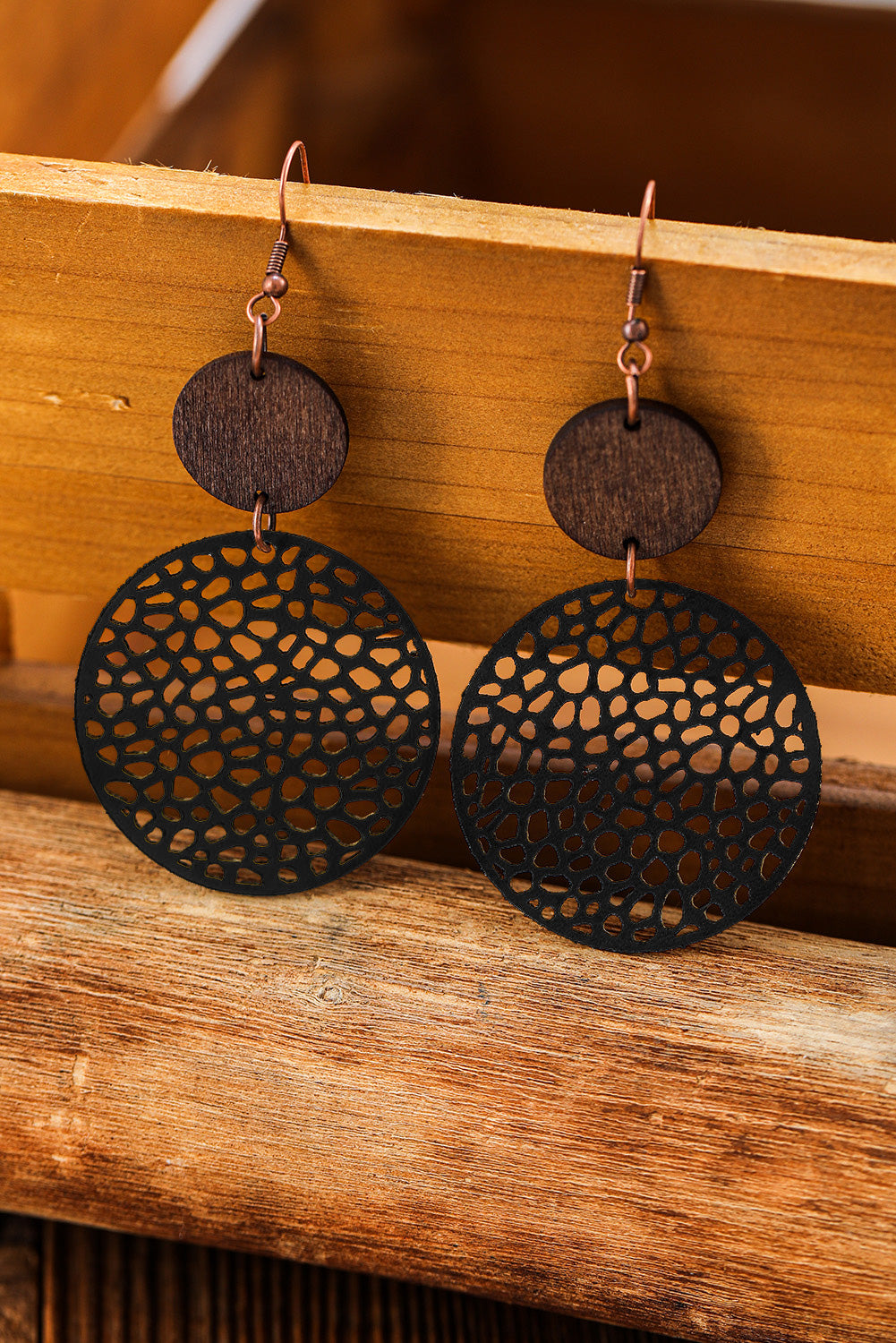 Beige  or Black Hollow Out Wooden Round Drop Earrings