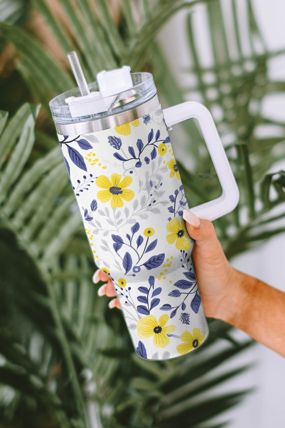 White Flower Print Stainless Handled Large Tumbler 40oz