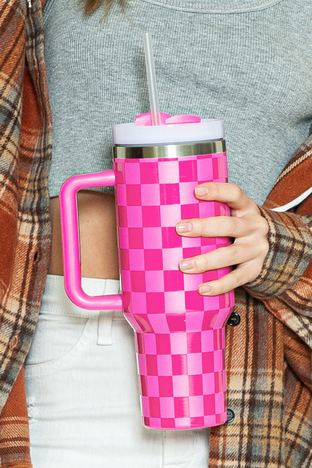 Pink  or Black Checkered Print Handled Stainless Steel Tumbler Cup