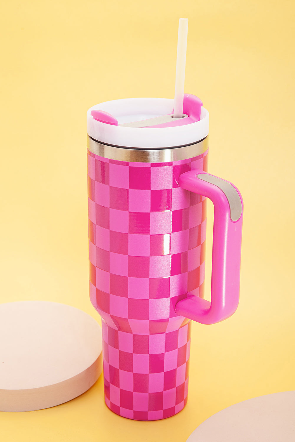 Pink  or Black Checkered Print Handled Stainless Steel Tumbler Cup