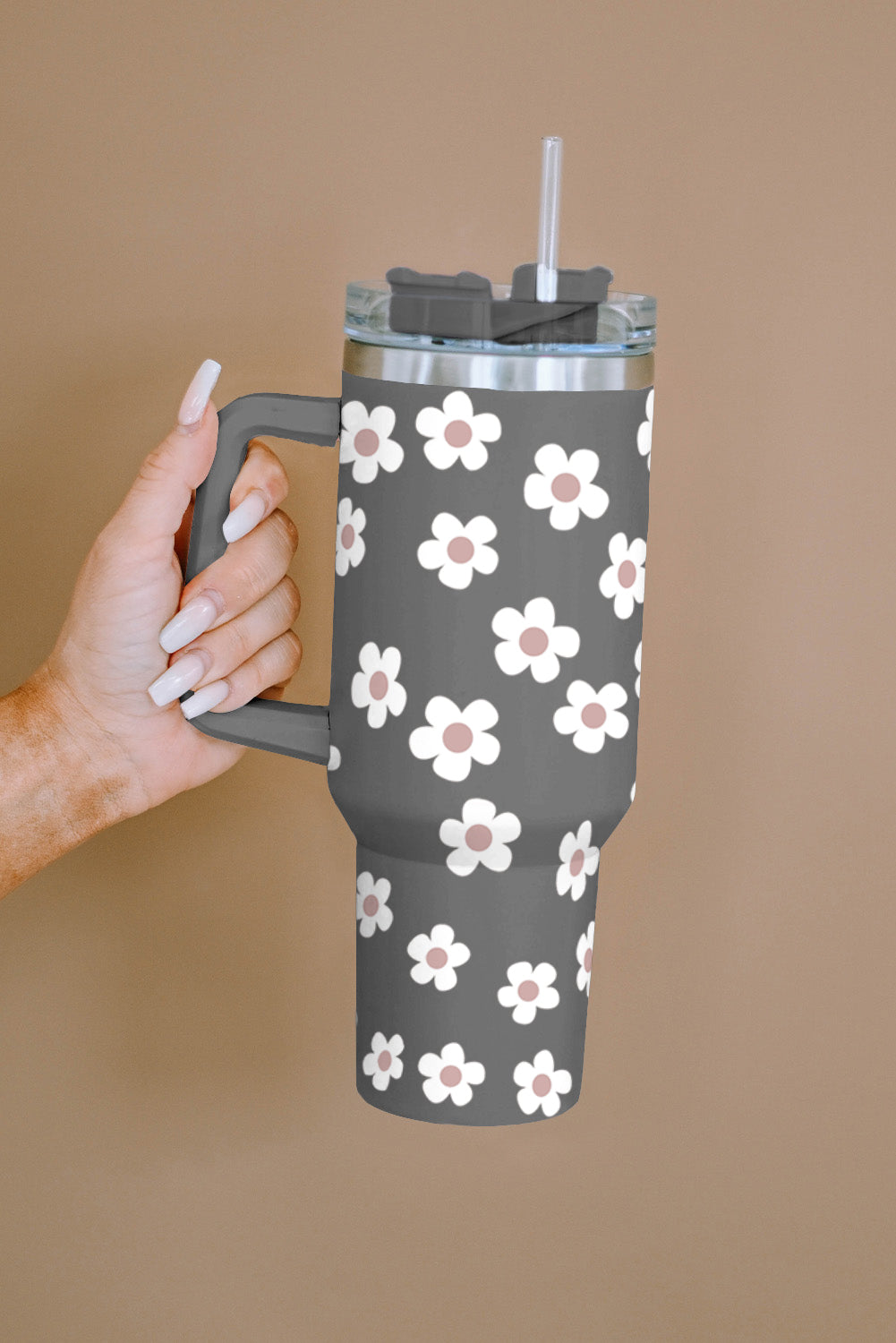 Dark Grey 60s Floral Print Stainless Tumbler With Lid And Straw