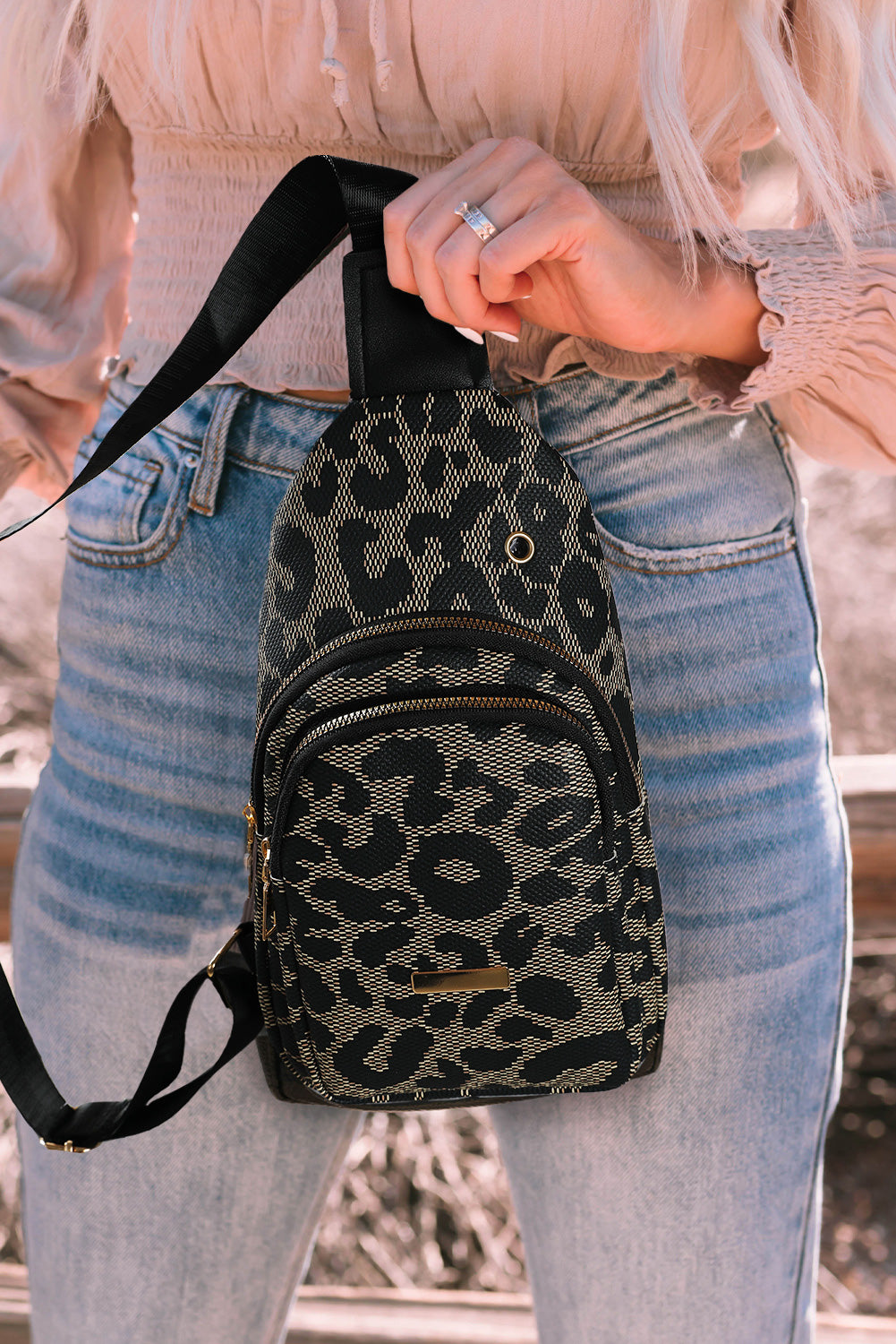 Leopard Printed Leather Zippered Fanny Pack Sling Bag