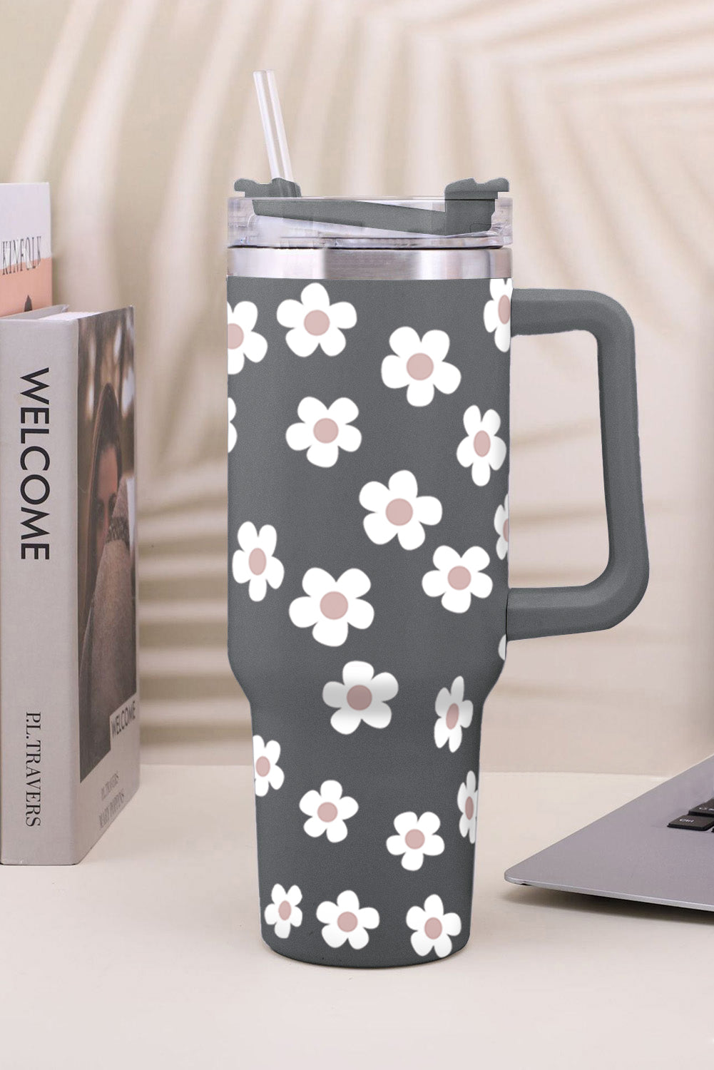 Dark Grey 60s Floral Print Stainless Tumbler With Lid And Straw