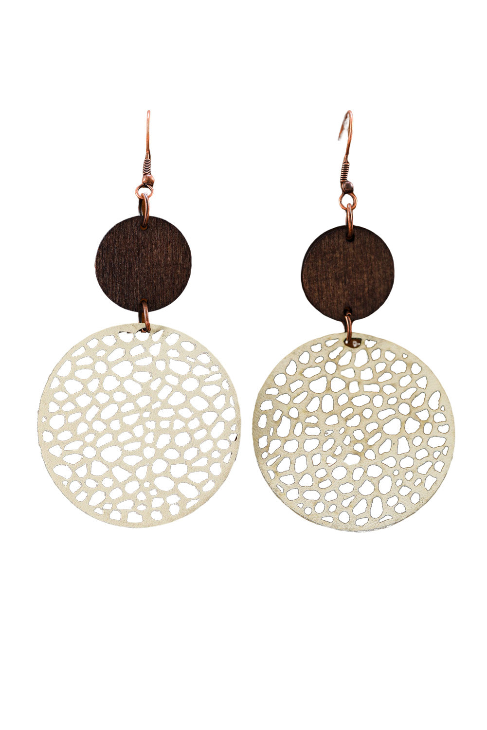 Beige  or Black Hollow Out Wooden Round Drop Earrings