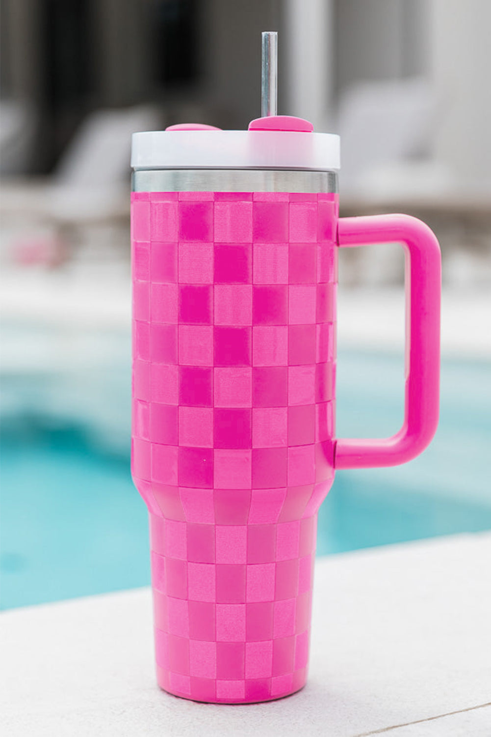 Pink  or Black Checkered Print Handled Stainless Steel Tumbler Cup