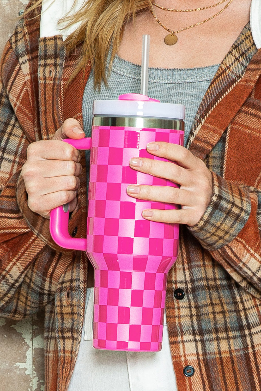 Pink  or Black Checkered Print Handled Stainless Steel Tumbler Cup