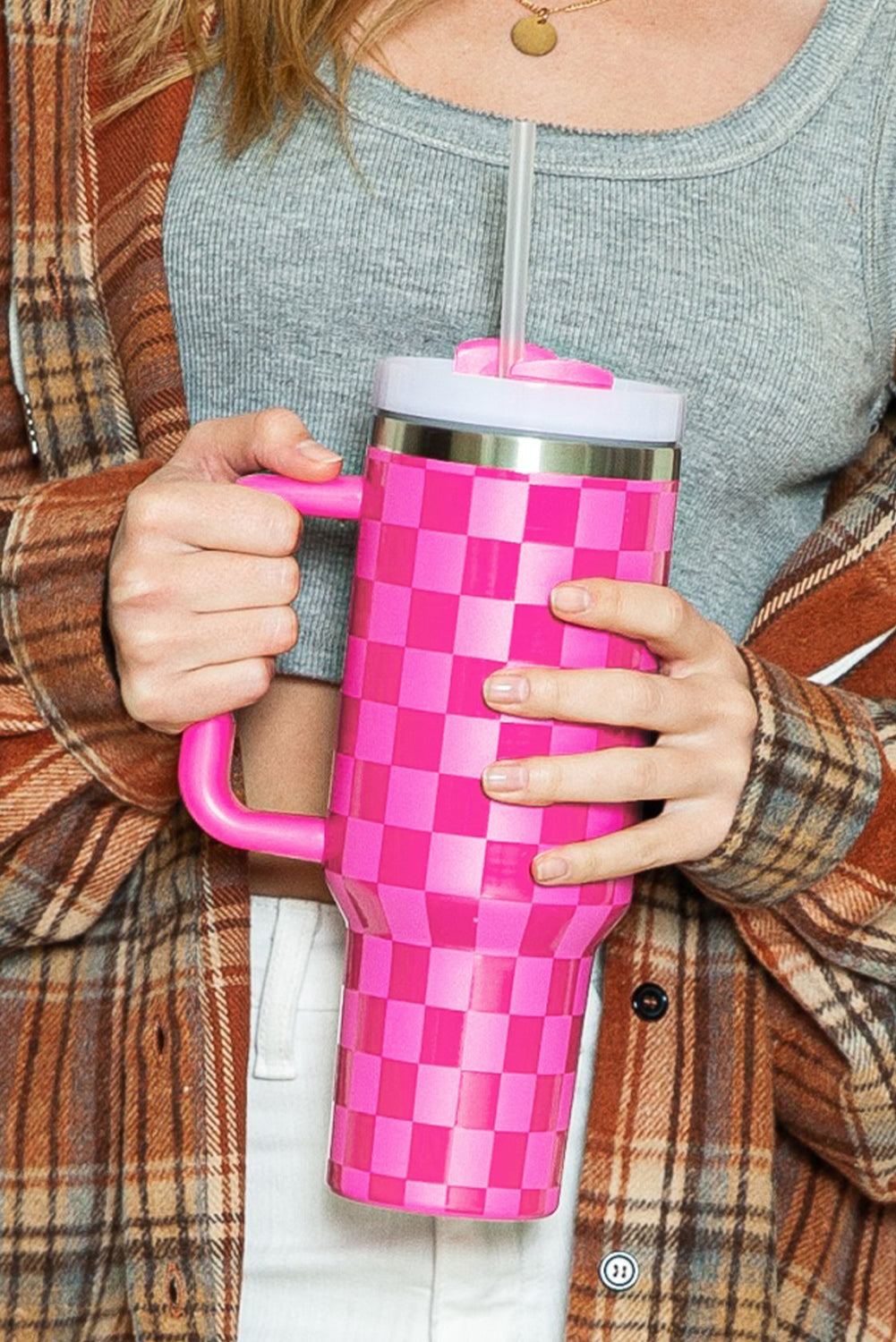 Pink  or Black Checkered Print Handled Stainless Steel Tumbler Cup