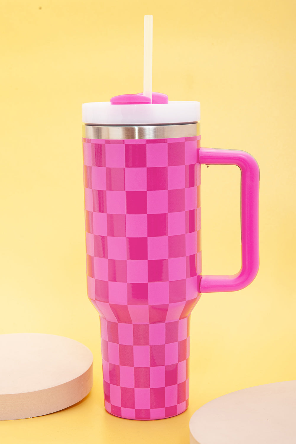 Pink  or Black Checkered Print Handled Stainless Steel Tumbler Cup