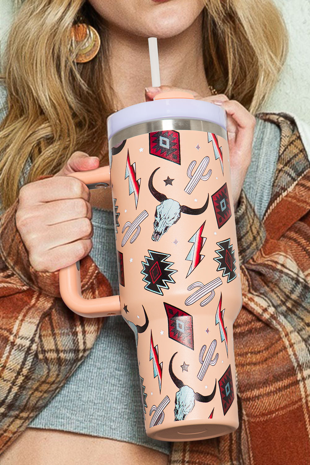 Apricot Pink Mixed Print Steer Head Stainless Tumbler