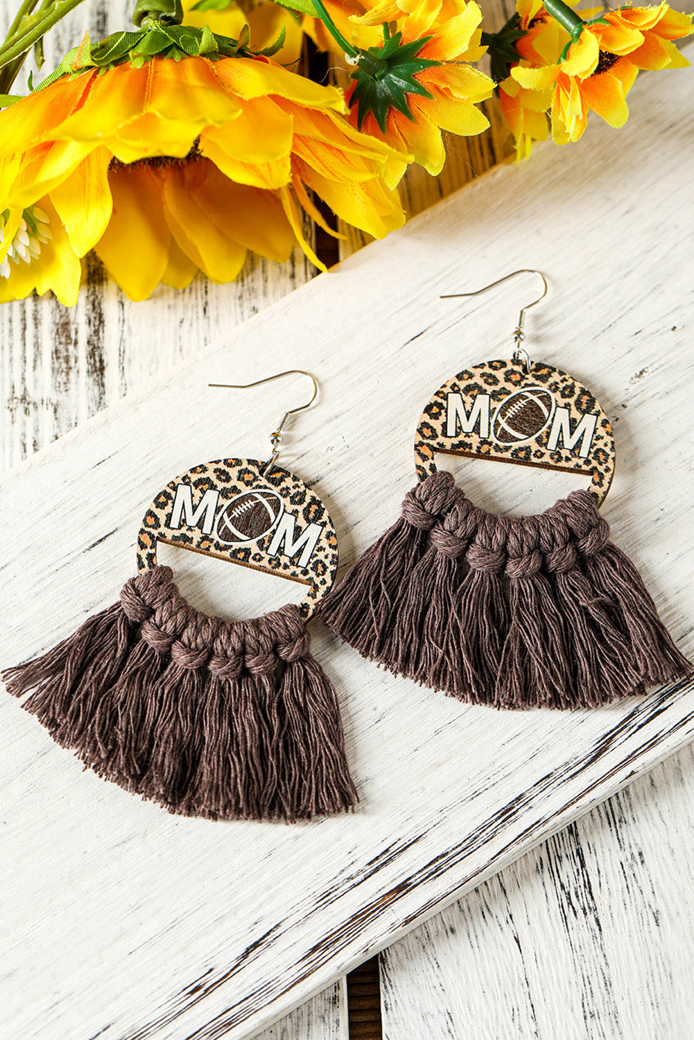 White or Chestnut Leopard Rugby MOM Print Fringed Hook Earrings