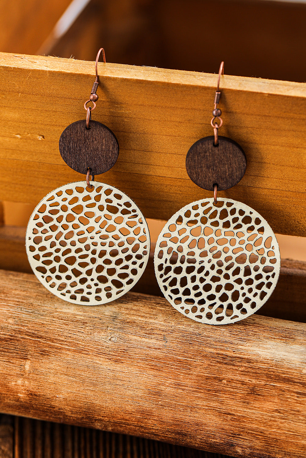 Beige  or Black Hollow Out Wooden Round Drop Earrings