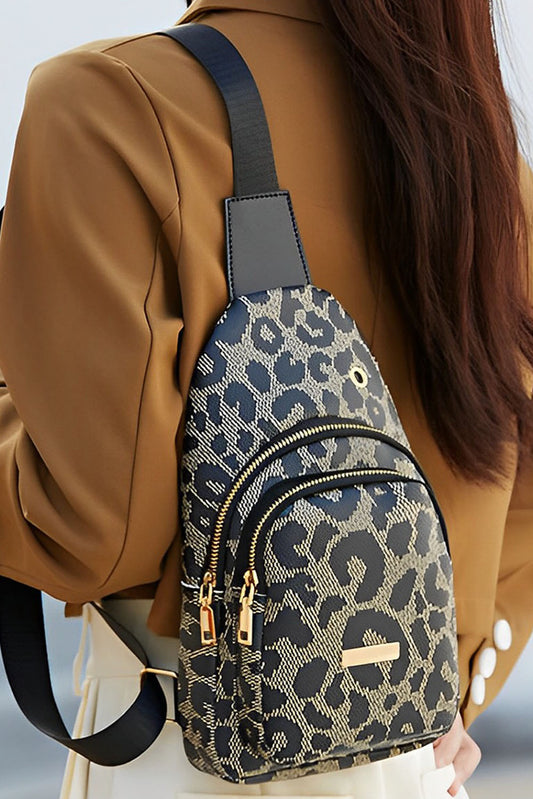 Leopard Printed Leather Zippered Fanny Pack Sling Bag