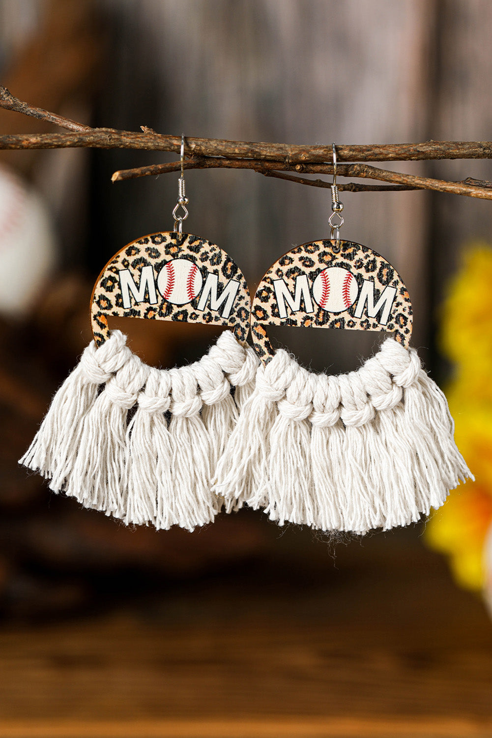 White or Chestnut Leopard Rugby MOM Print Fringed Hook Earrings