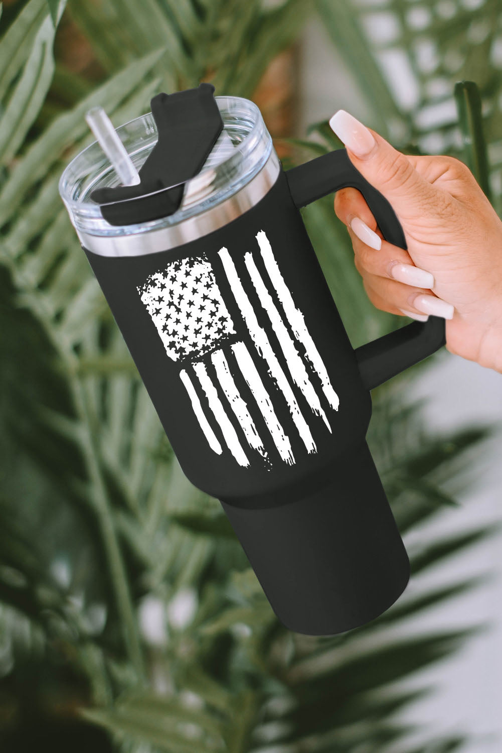 Black 40oz American Flag Print Stainless Steel Tumbler Mug with Handle