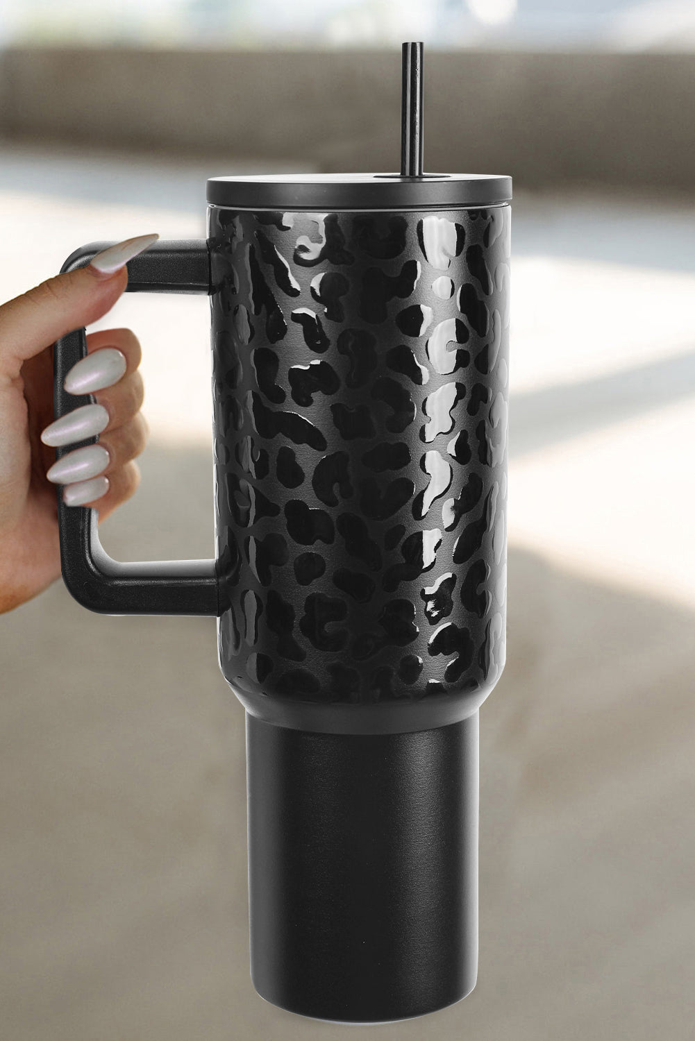 Black Polished Leopard Emboss Straw Thermal Tumbler 40oz