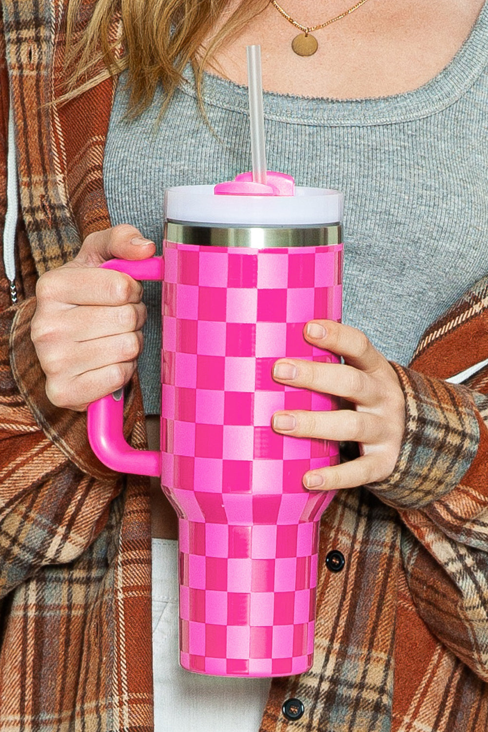 Pink  or Black Checkered Print Handled Stainless Steel Tumbler Cup