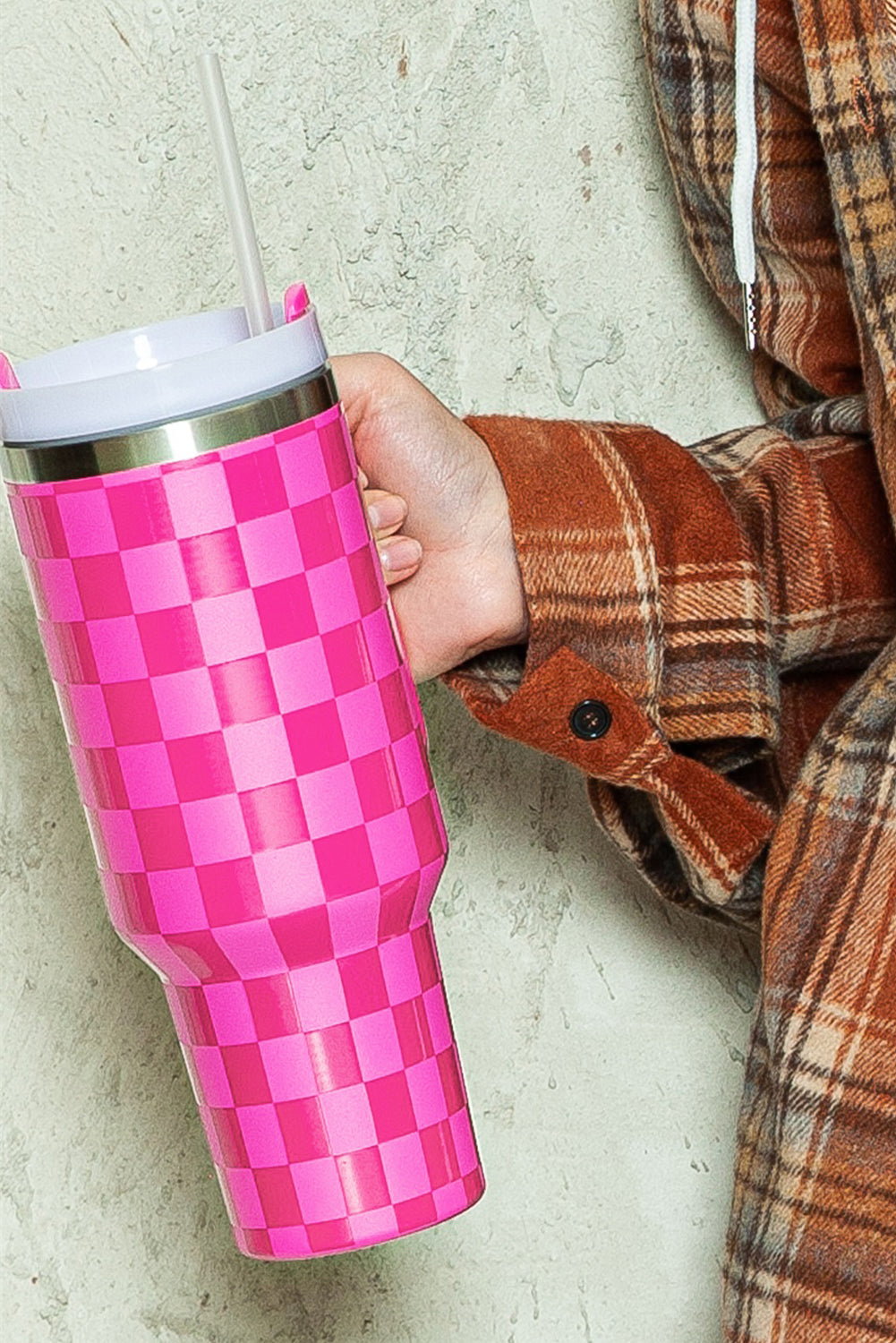 Pink  or Black Checkered Print Handled Stainless Steel Tumbler Cup