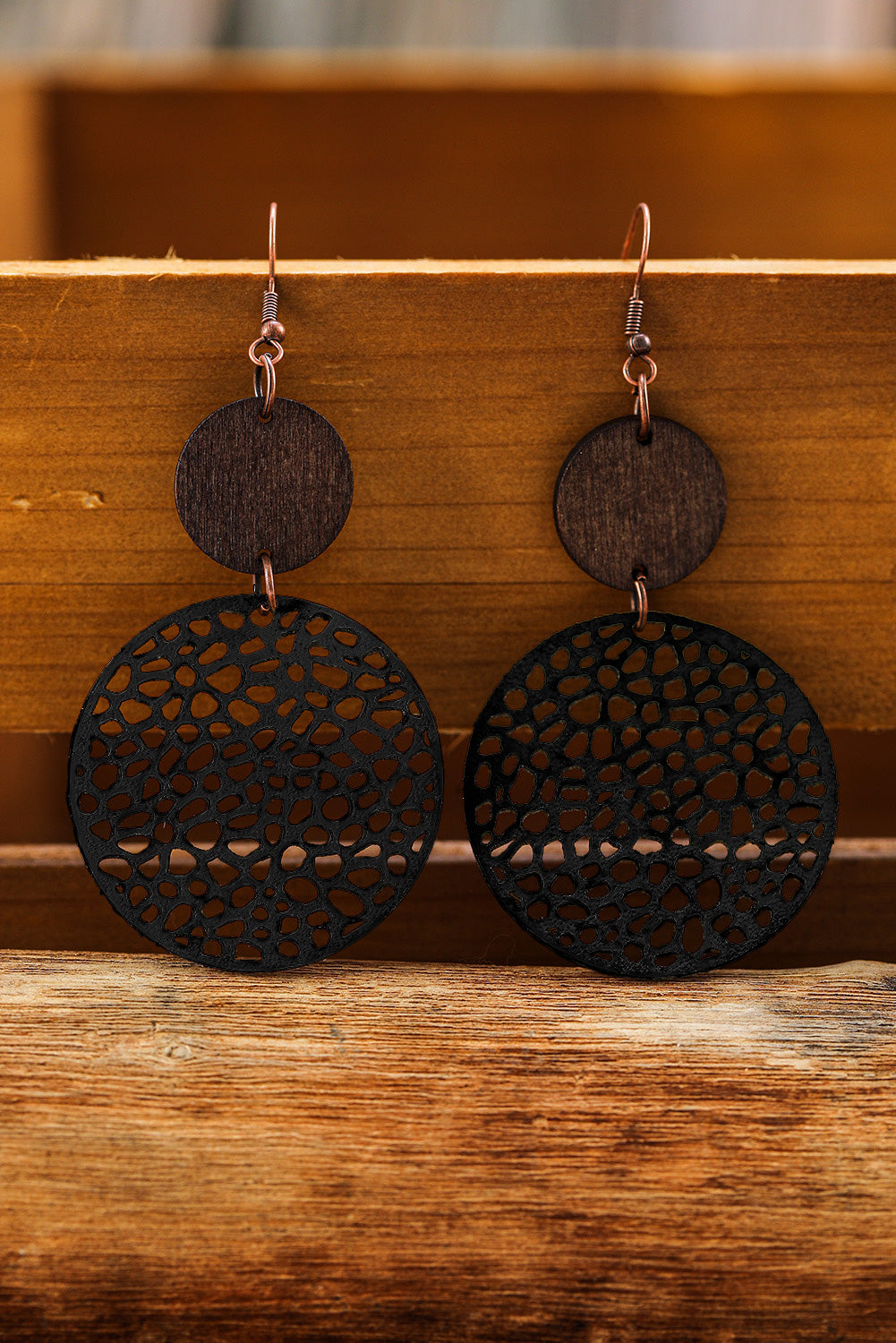 Beige  or Black Hollow Out Wooden Round Drop Earrings