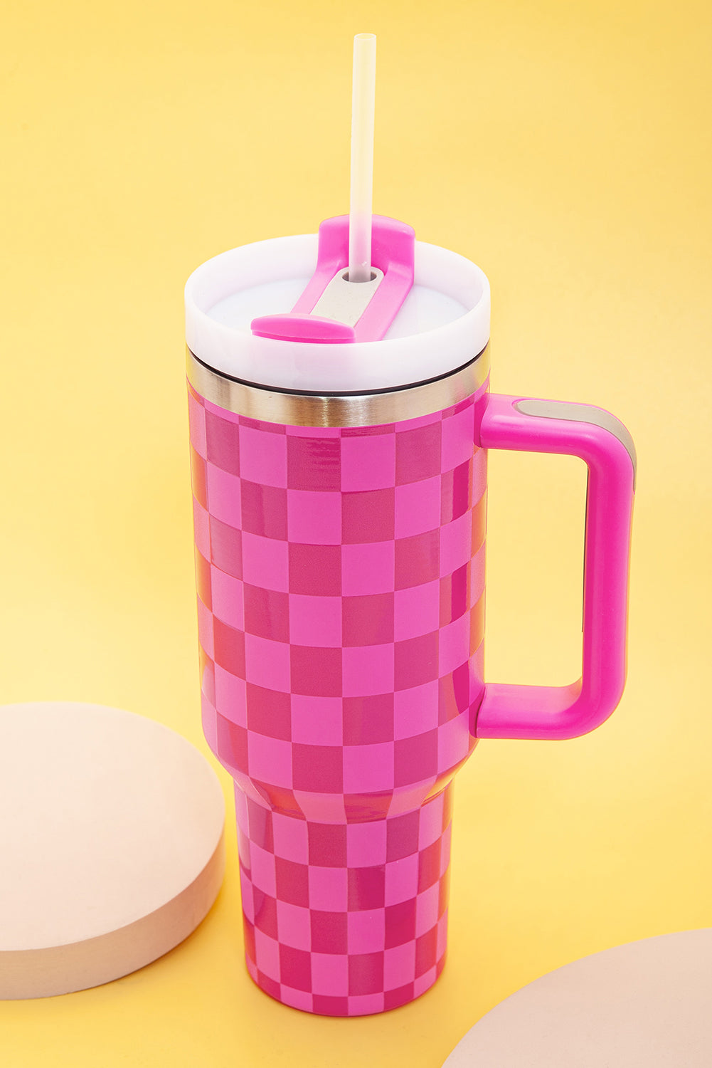 Pink  or Black Checkered Print Handled Stainless Steel Tumbler Cup