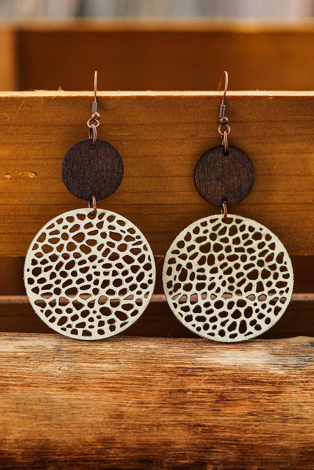 Beige  or Black Hollow Out Wooden Round Drop Earrings