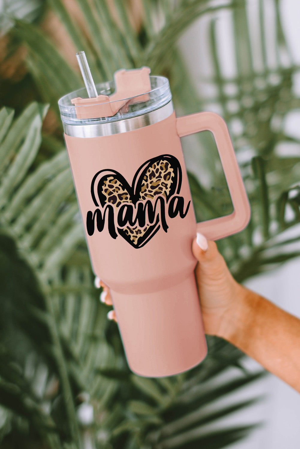 Pink 40oz mama Leopard Heart Shape Stainless Steel Insulate Tumbler Mug