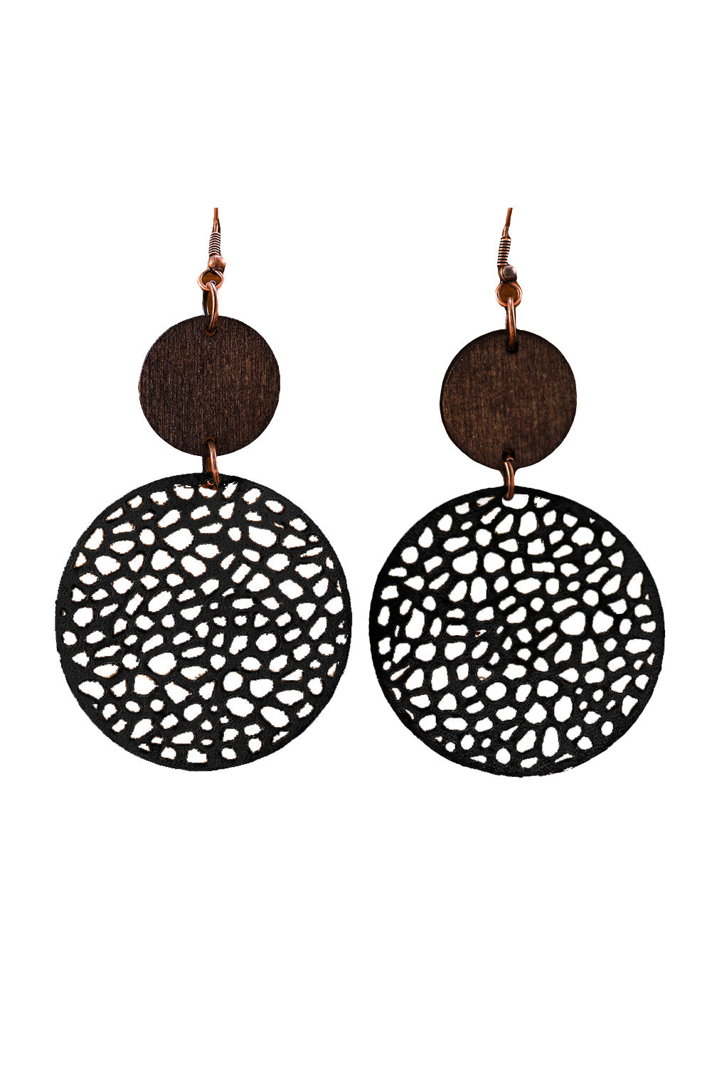 Beige  or Black Hollow Out Wooden Round Drop Earrings