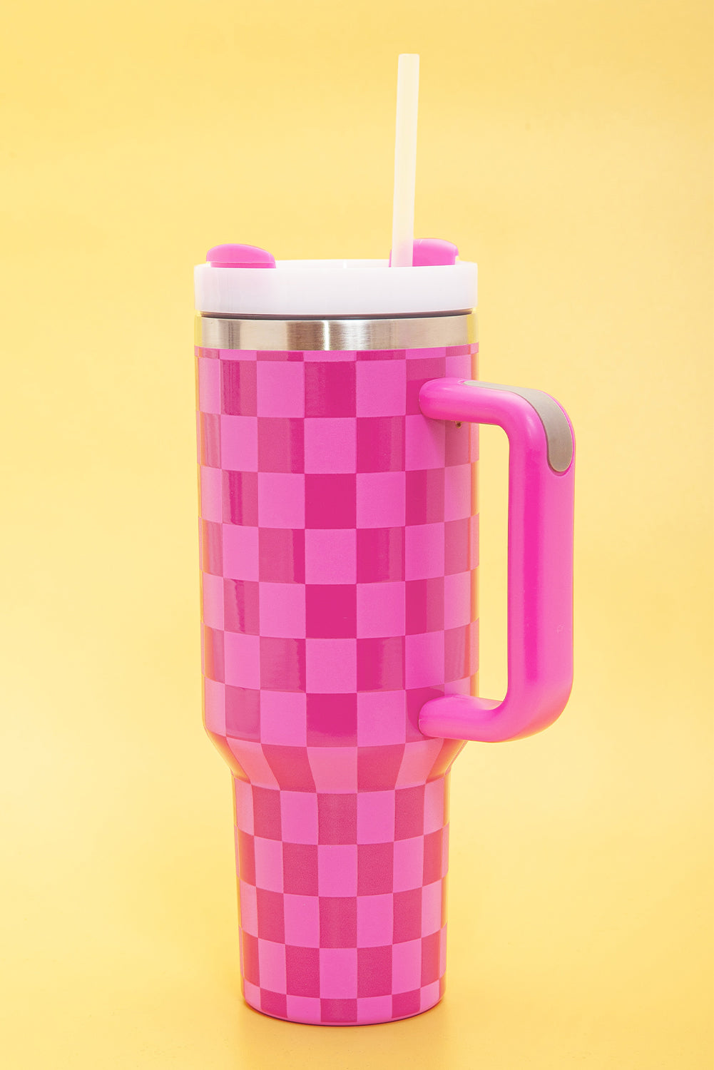 Pink  or Black Checkered Print Handled Stainless Steel Tumbler Cup