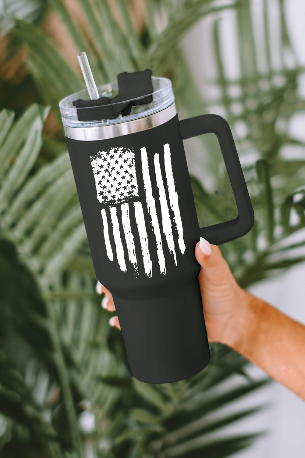 Black 40oz American Flag Print Stainless Steel Tumbler Mug with Handle